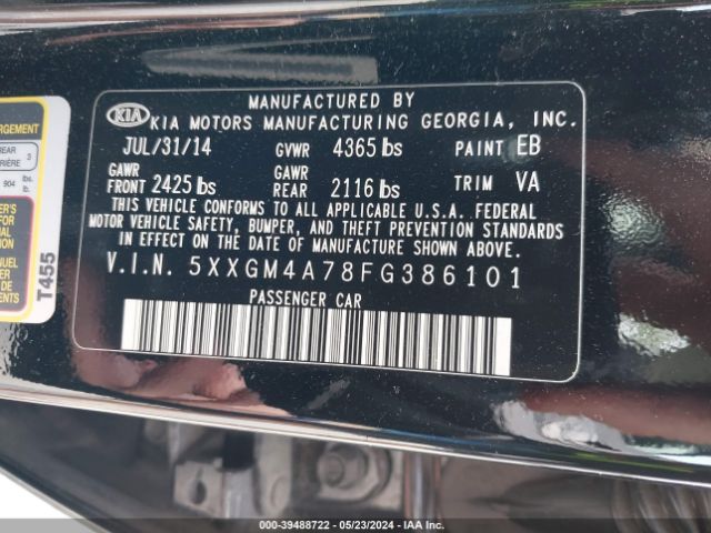 Photo 8 VIN: 5XXGM4A78FG386101 - KIA OPTIMA 