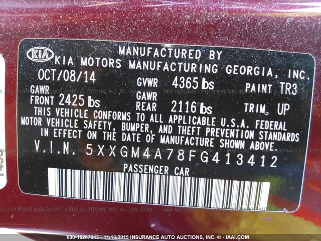 Photo 8 VIN: 5XXGM4A78FG413412 - KIA OPTIMA 