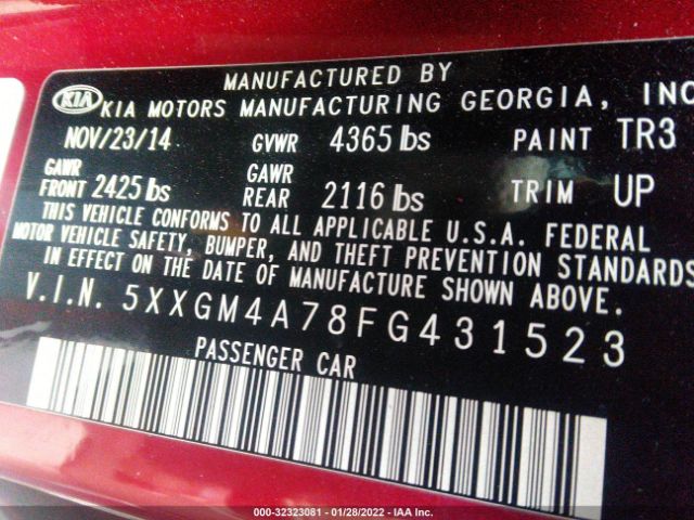 Photo 8 VIN: 5XXGM4A78FG431523 - KIA OPTIMA 