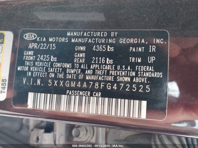 Photo 8 VIN: 5XXGM4A78FG472525 - KIA OPTIMA 