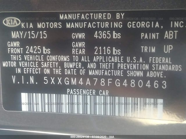 Photo 8 VIN: 5XXGM4A78FG480463 - KIA OPTIMA 