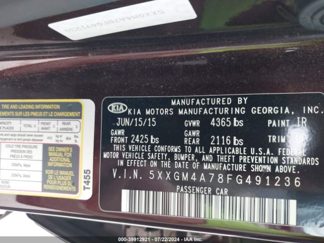 Photo 8 VIN: 5XXGM4A78FG491236 - KIA OPTIMA 