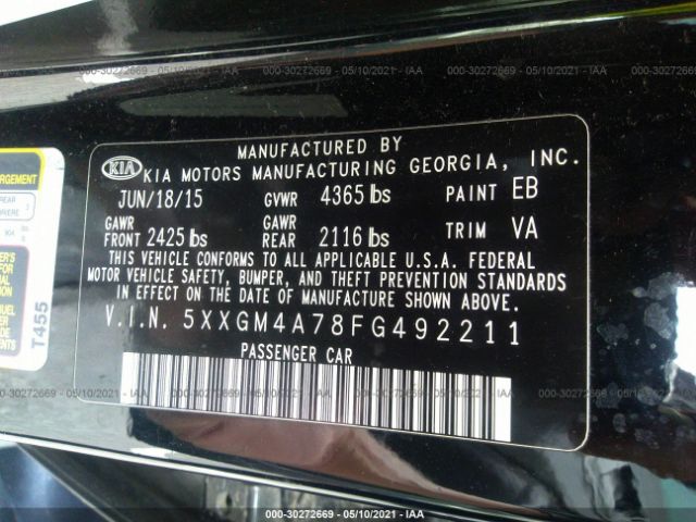 Photo 8 VIN: 5XXGM4A78FG492211 - KIA OPTIMA 