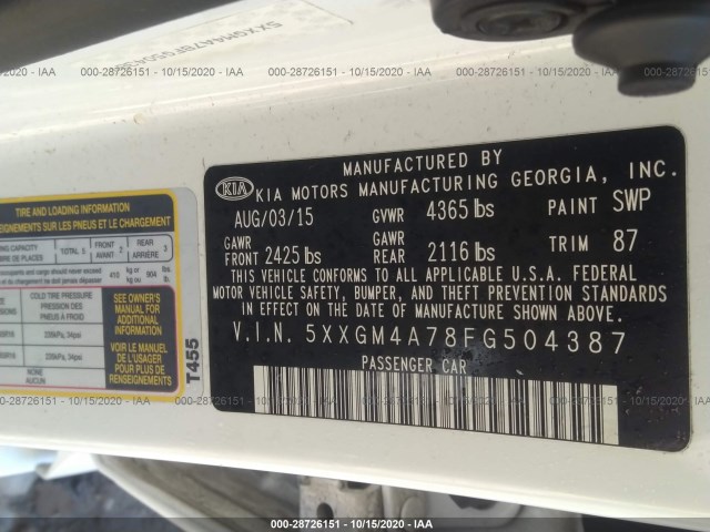 Photo 8 VIN: 5XXGM4A78FG504387 - KIA OPTIMA 