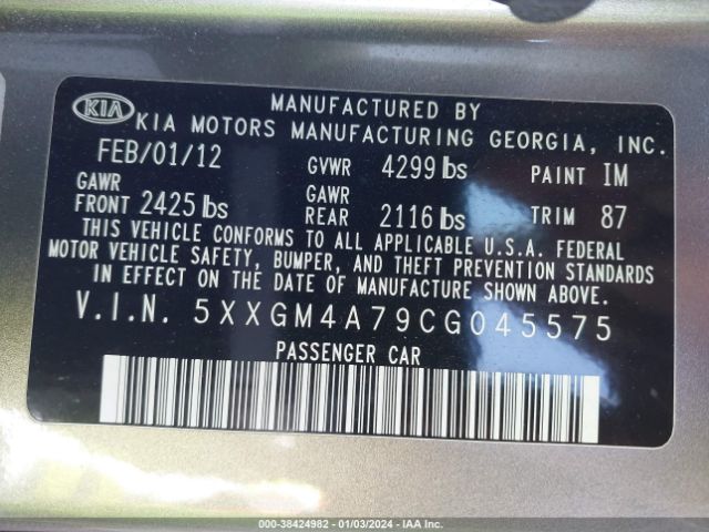 Photo 8 VIN: 5XXGM4A79CG045575 - KIA OPTIMA 