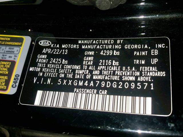 Photo 9 VIN: 5XXGM4A79DG209571 - KIA OPTIMA LX 