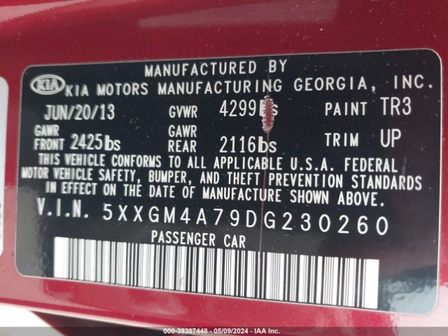 Photo 8 VIN: 5XXGM4A79DG230260 - KIA OPTIMA 