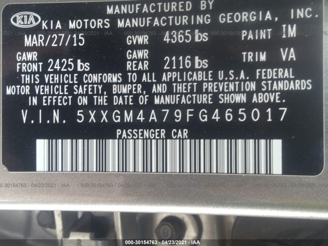 Photo 8 VIN: 5XXGM4A79FG465017 - KIA OPTIMA 