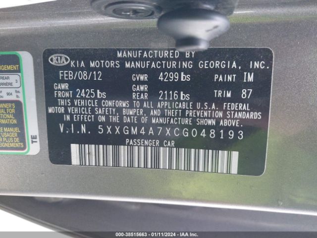 Photo 8 VIN: 5XXGM4A7XCG048193 - KIA OPTIMA 