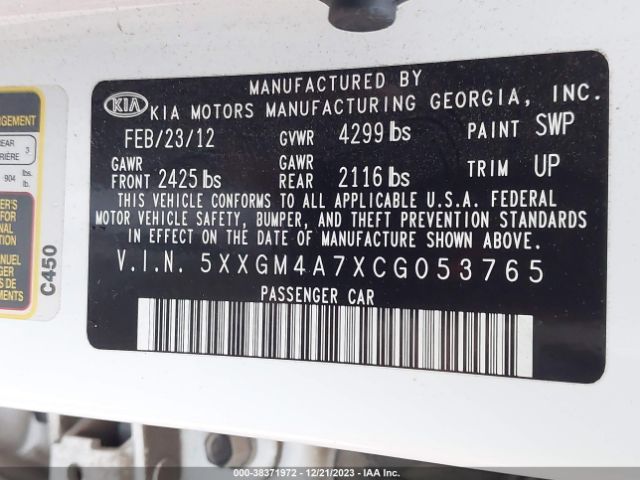 Photo 8 VIN: 5XXGM4A7XCG053765 - KIA OPTIMA 