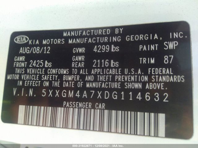 Photo 8 VIN: 5XXGM4A7XDG114632 - KIA OPTIMA 