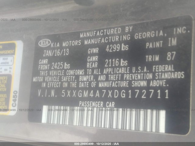 Photo 8 VIN: 5XXGM4A7XDG172711 - KIA OPTIMA 