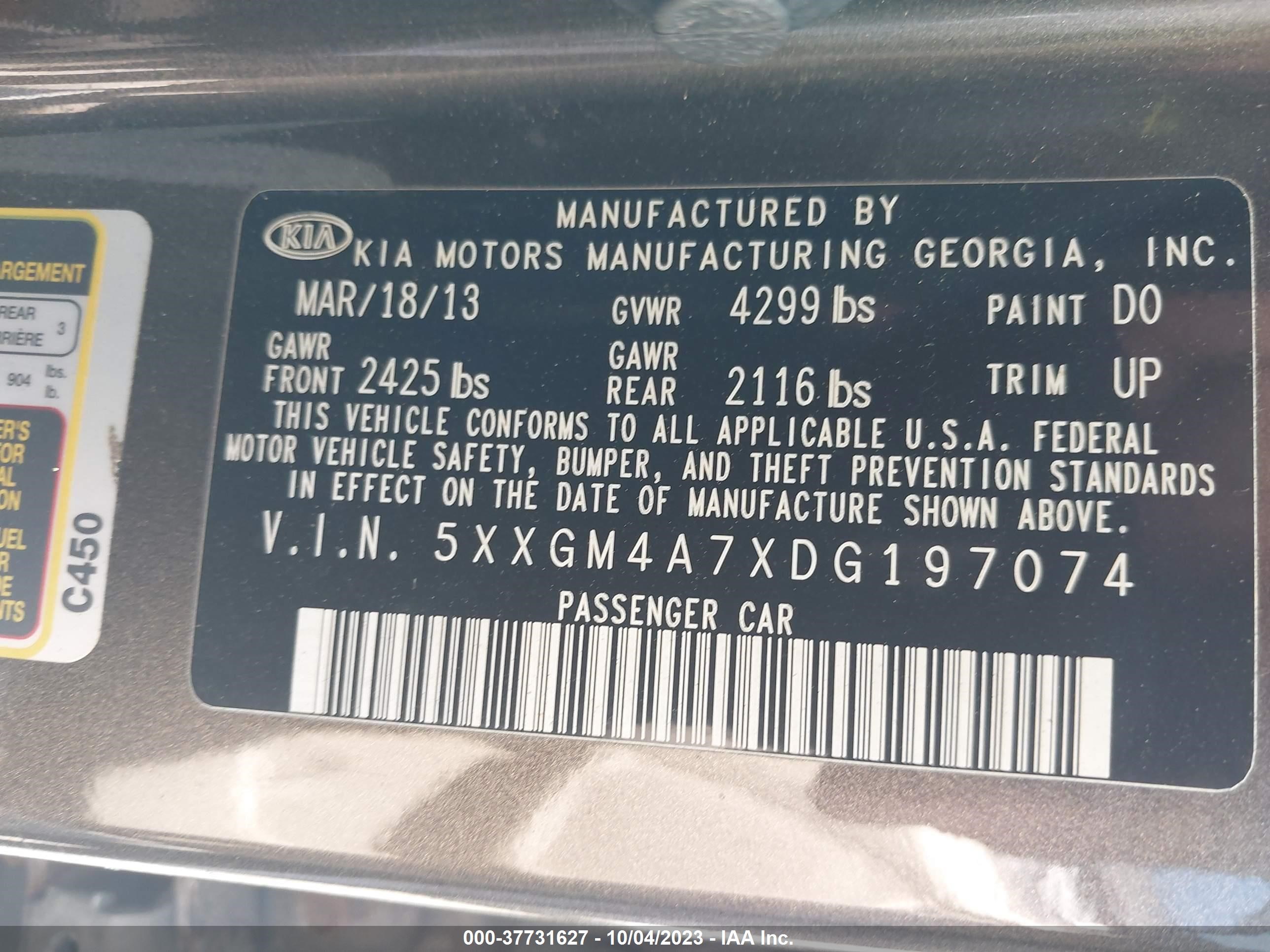 Photo 8 VIN: 5XXGM4A7XDG197074 - KIA OPTIMA 