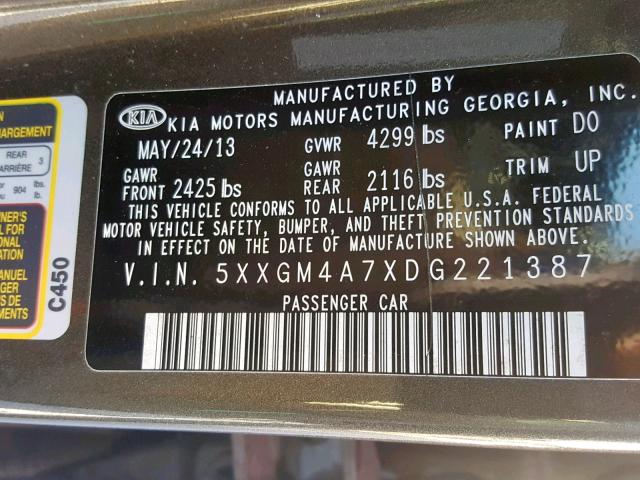 Photo 9 VIN: 5XXGM4A7XDG221387 - KIA OPTIMA LX 