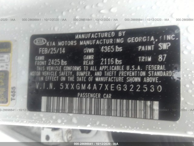 Photo 8 VIN: 5XXGM4A7XEG322530 - KIA OPTIMA 