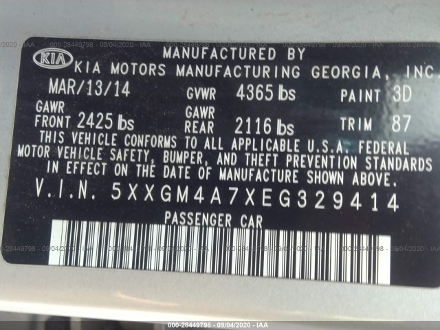 Photo 8 VIN: 5XXGM4A7XEG329414 - KIA OPTIMA 