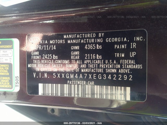 Photo 8 VIN: 5XXGM4A7XEG342292 - KIA OPTIMA 