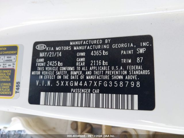 Photo 8 VIN: 5XXGM4A7XFG358798 - KIA OPTIMA 