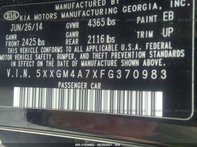 Photo 8 VIN: 5XXGM4A7XFG370983 - KIA OPTIMA 