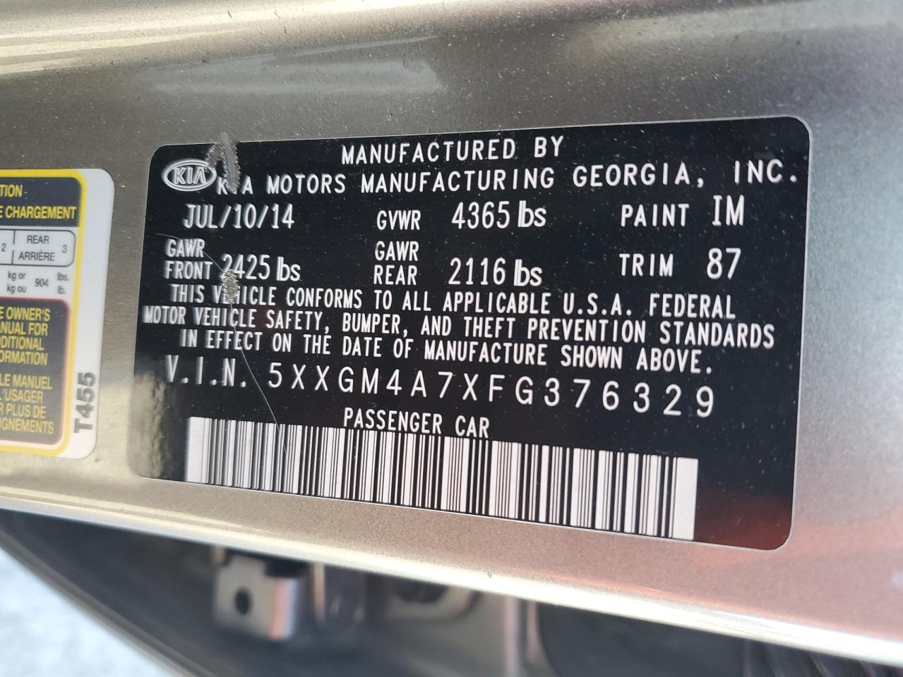 Photo 12 VIN: 5XXGM4A7XFG376329 - KIA OPTIMA 