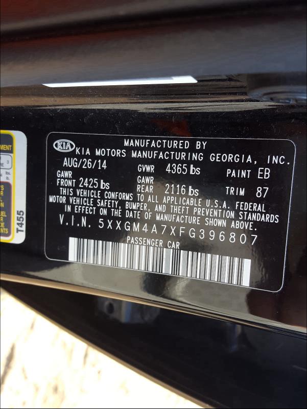 Photo 9 VIN: 5XXGM4A7XFG396807 - KIA OPTIMA LX 