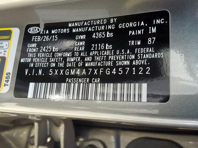 Photo 9 VIN: 5XXGM4A7XFG457122 - KIA OPTIMA LX 