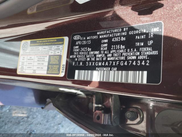 Photo 8 VIN: 5XXGM4A7XFG474342 - KIA OPTIMA 