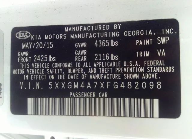 Photo 8 VIN: 5XXGM4A7XFG482098 - KIA OPTIMA 