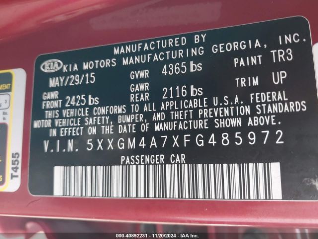 Photo 8 VIN: 5XXGM4A7XFG485972 - KIA OPTIMA 