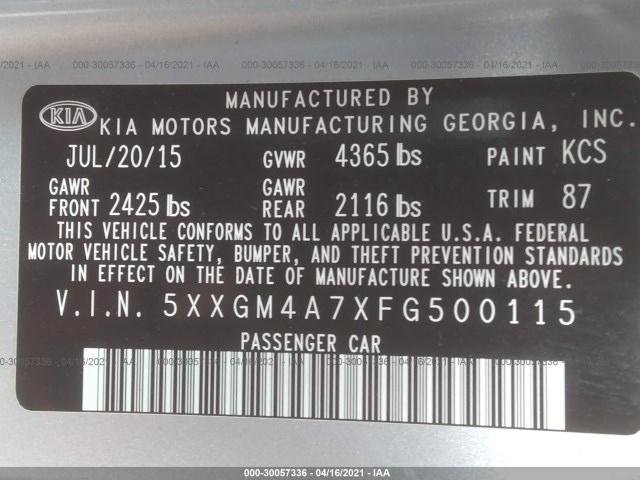 Photo 8 VIN: 5XXGM4A7XFG500115 - KIA OPTIMA 