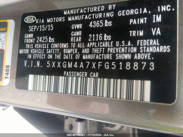 Photo 8 VIN: 5XXGM4A7XFG518873 - KIA OPTIMA 