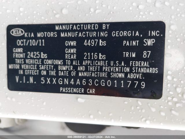 Photo 8 VIN: 5XXGN4A63CG011779 - KIA OPTIMA 