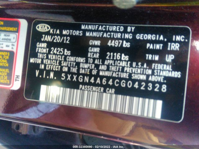 Photo 8 VIN: 5XXGN4A64CG042328 - KIA OPTIMA 