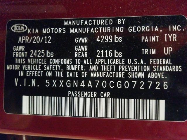 Photo 9 VIN: 5XXGN4A70CG072726 - KIA OPTIMA 