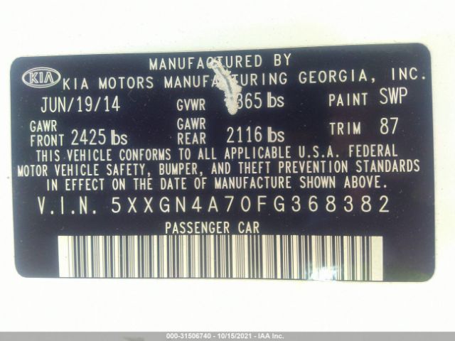 Photo 8 VIN: 5XXGN4A70FG368382 - KIA OPTIMA 