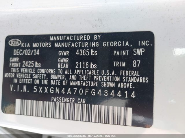 Photo 8 VIN: 5XXGN4A70FG434414 - KIA OPTIMA 