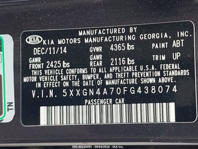 Photo 8 VIN: 5XXGN4A70FG438074 - KIA OPTIMA 