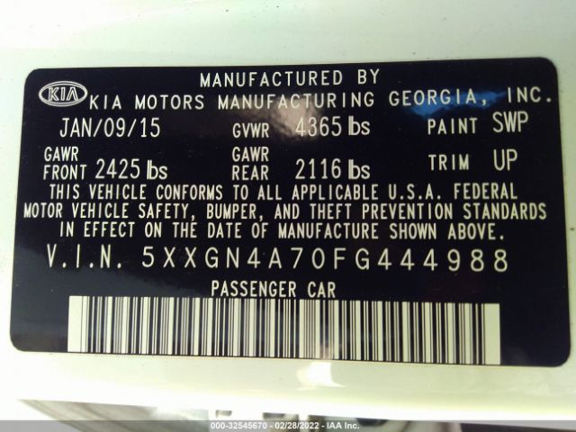 Photo 8 VIN: 5XXGN4A70FG444988 - KIA OPTIMA 