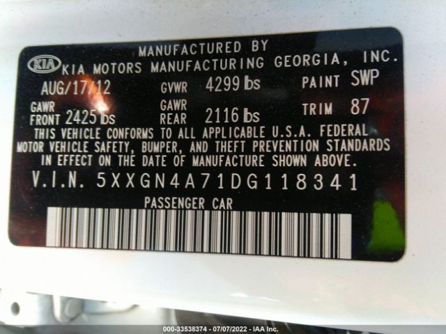 Photo 8 VIN: 5XXGN4A71DG118341 - KIA OPTIMA 