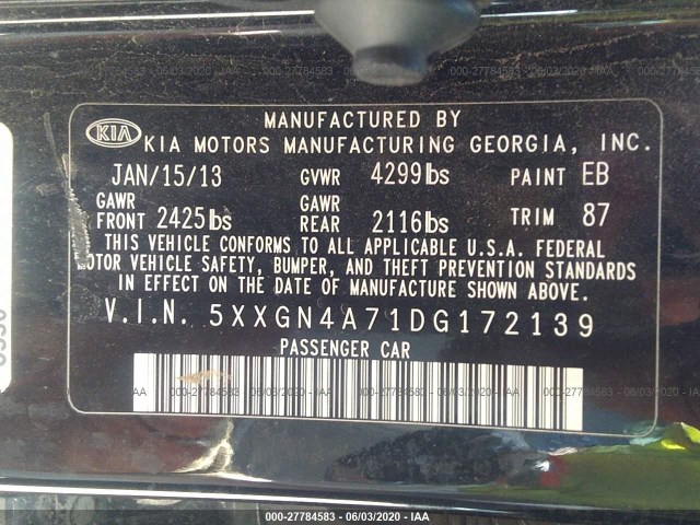 Photo 8 VIN: 5XXGN4A71DG172139 - KIA OPTIMA 