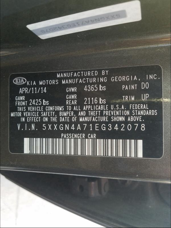 Photo 9 VIN: 5XXGN4A71EG342078 - KIA OPTIMA EX 