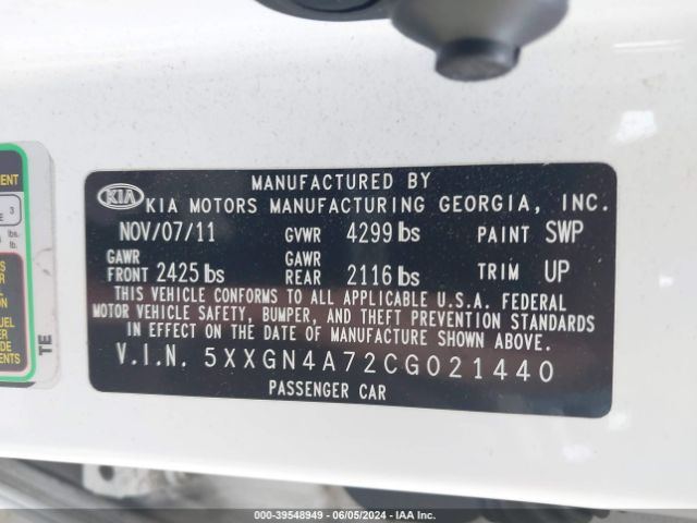 Photo 8 VIN: 5XXGN4A72CG021440 - KIA OPTIMA 