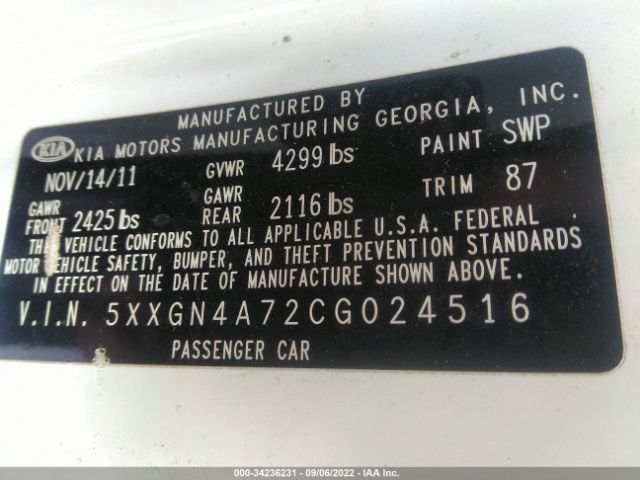 Photo 8 VIN: 5XXGN4A72CG024516 - KIA OPTIMA 