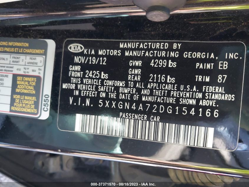 Photo 8 VIN: 5XXGN4A72DG154166 - KIA OPTIMA 