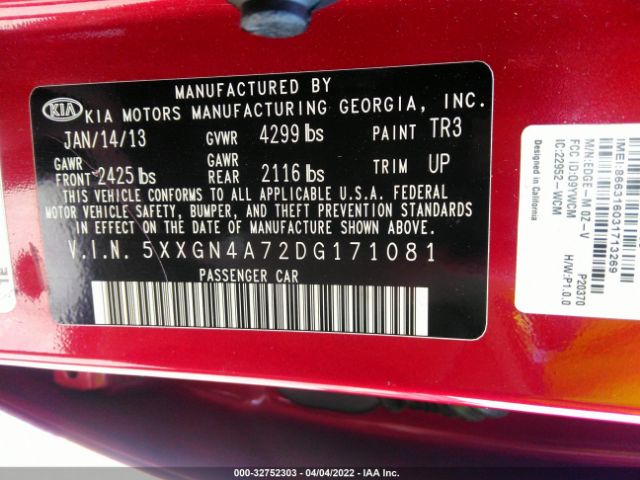 Photo 8 VIN: 5XXGN4A72DG171081 - KIA OPTIMA 