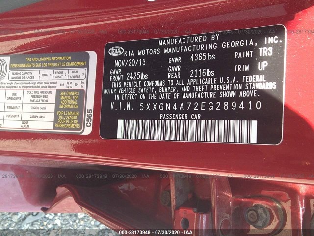 Photo 8 VIN: 5XXGN4A72EG289410 - KIA OPTIMA 