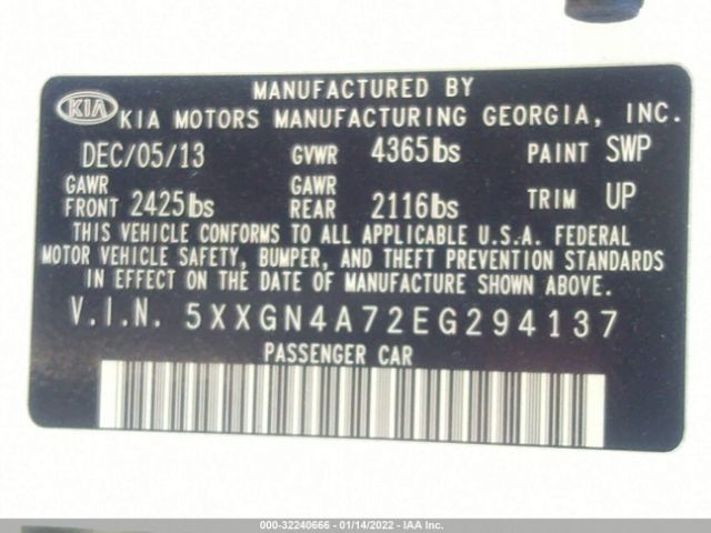 Photo 8 VIN: 5XXGN4A72EG294137 - KIA OPTIMA 