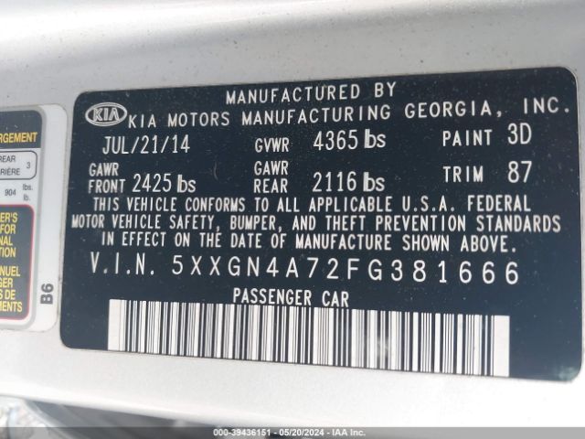 Photo 8 VIN: 5XXGN4A72FG381666 - KIA OPTIMA 