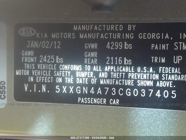 Photo 8 VIN: 5XXGN4A73CG037405 - KIA OPTIMA 