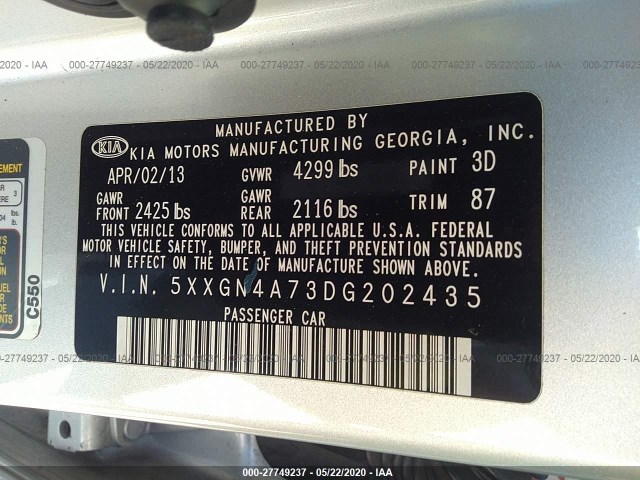 Photo 8 VIN: 5XXGN4A73DG202435 - KIA OPTIMA 